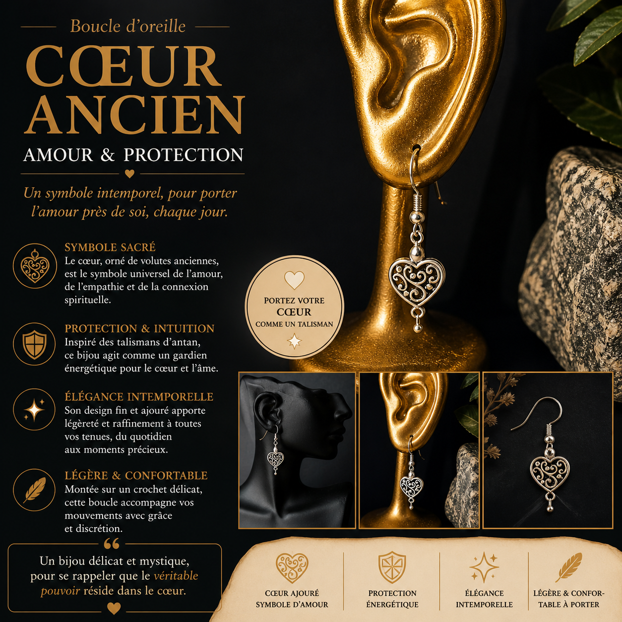 Boucle Cœur Ancien – Amour & Protection
